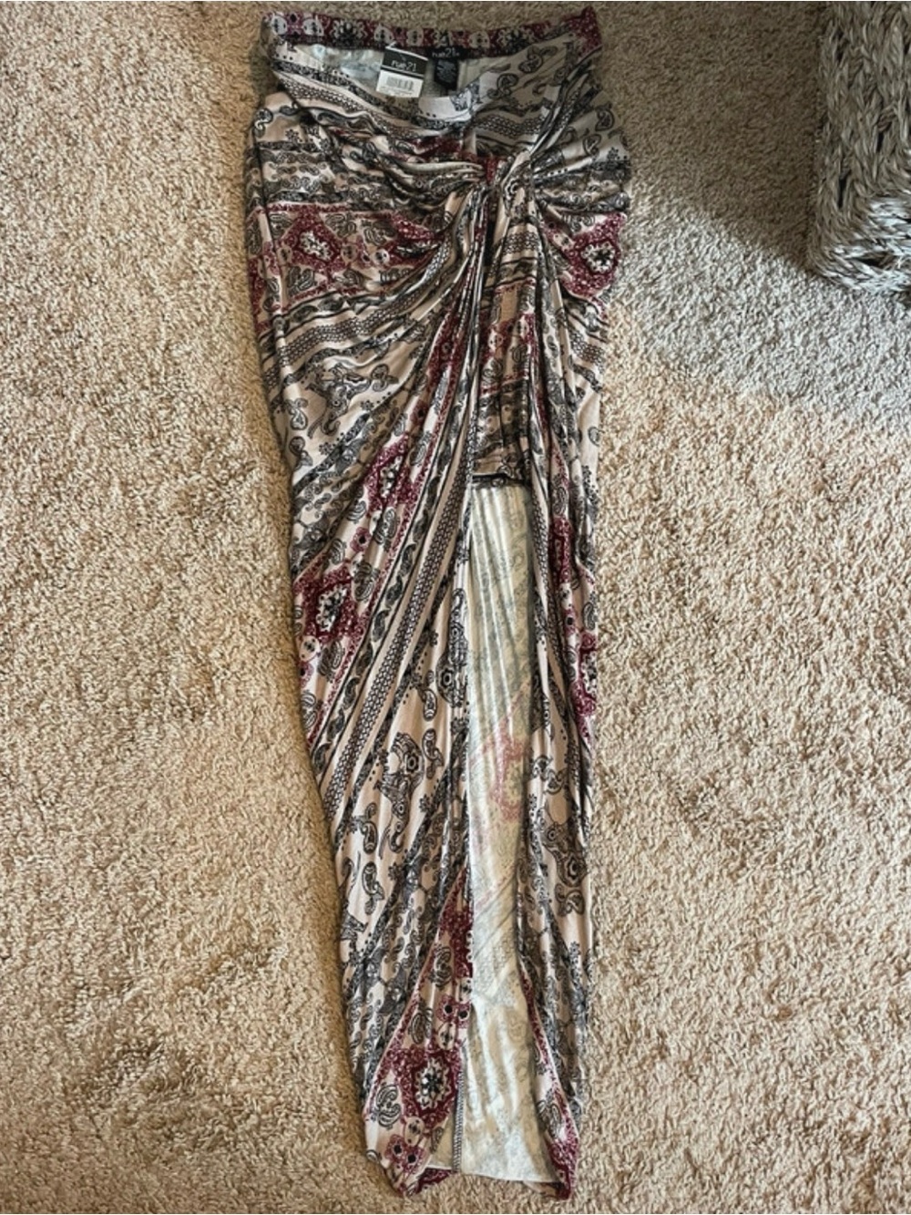New with Tags Ruched Boho Scrunch Front Paisley Maxi Skirt with Front Slit